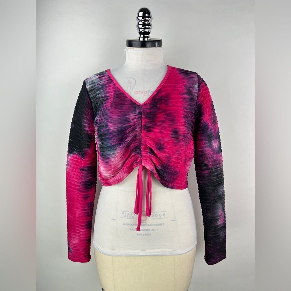 💚 3076. Tie Dye Cropped Ruched Long Sleeve Top